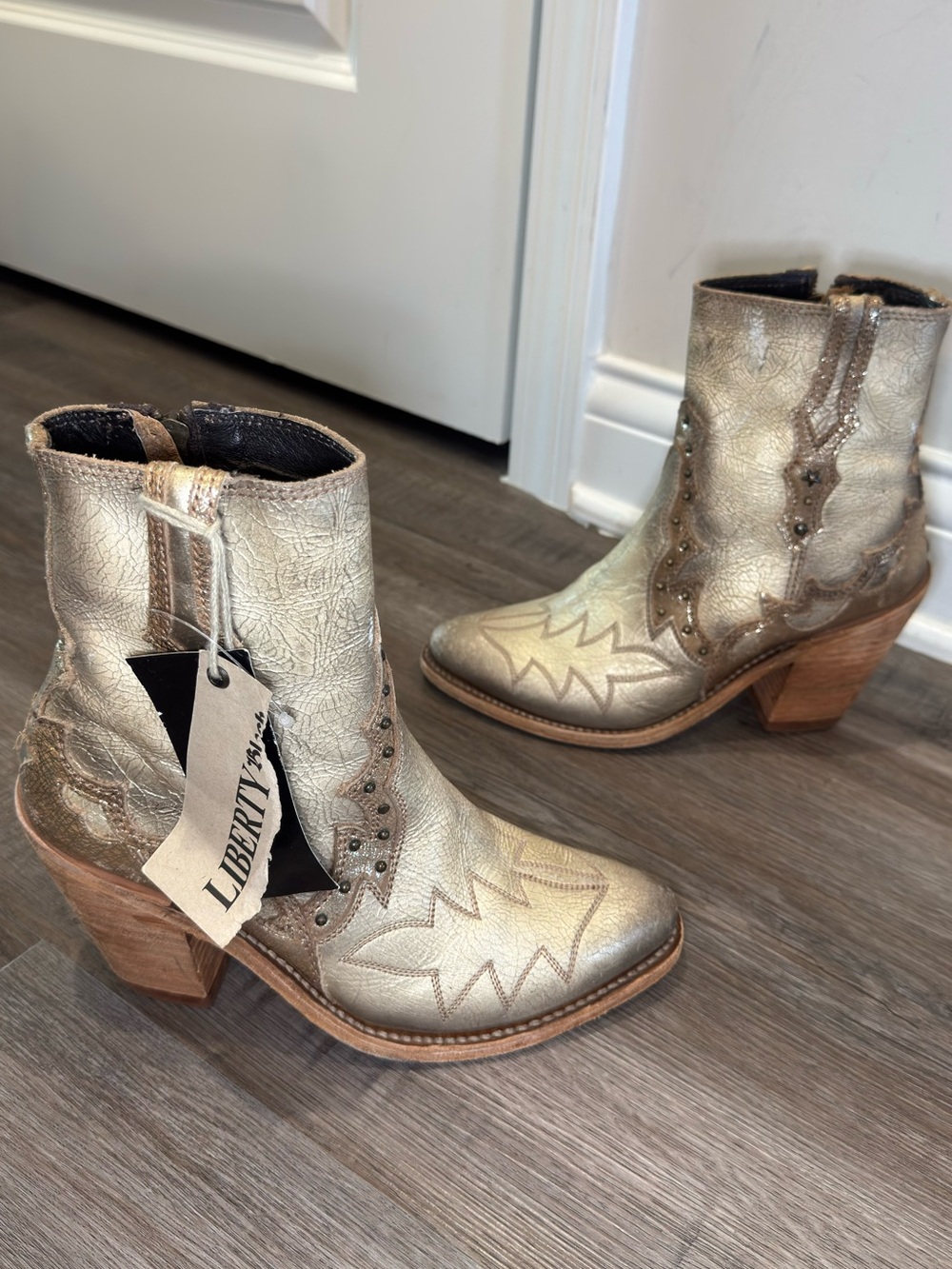 Liberty Black Silver Studded Metallic Heeled Western Bootie Boots